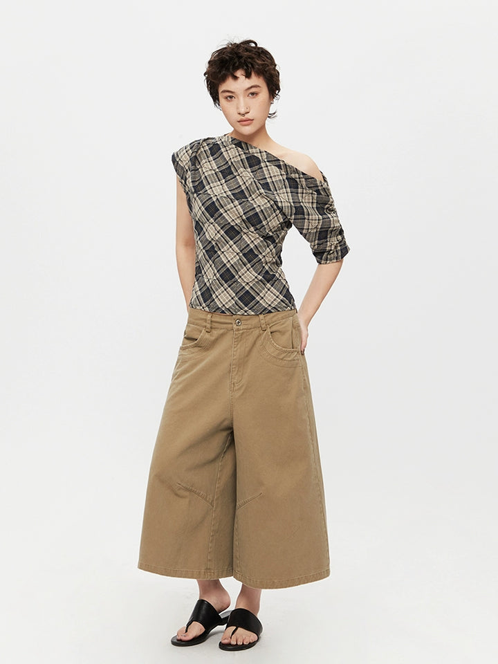 Pull col roulé ajusté à carreaux, décolleté épaule 