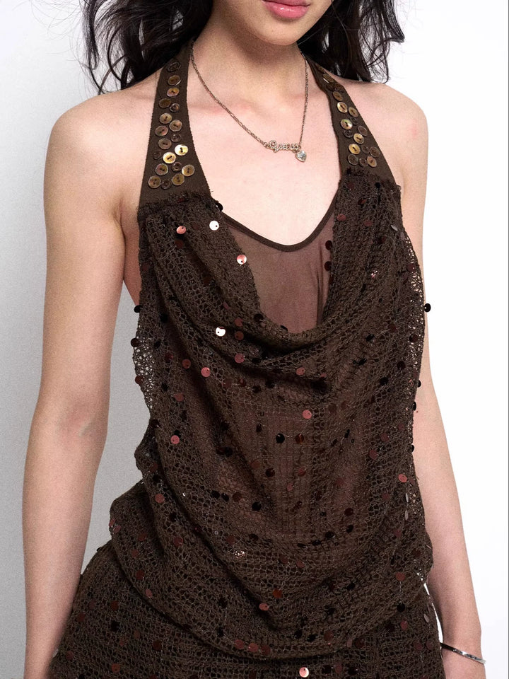 Vestido de Dois Peças com Decote Halter de Lantejoulas 