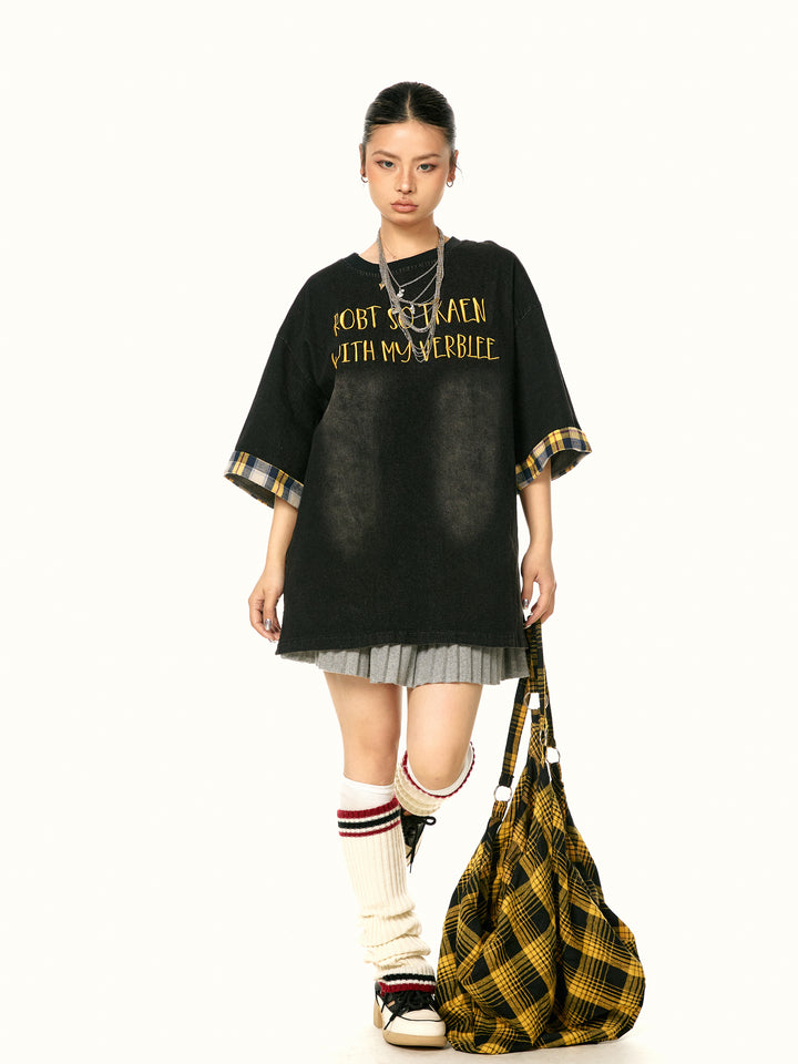Plaid Splicing Embroidered T-shirt
