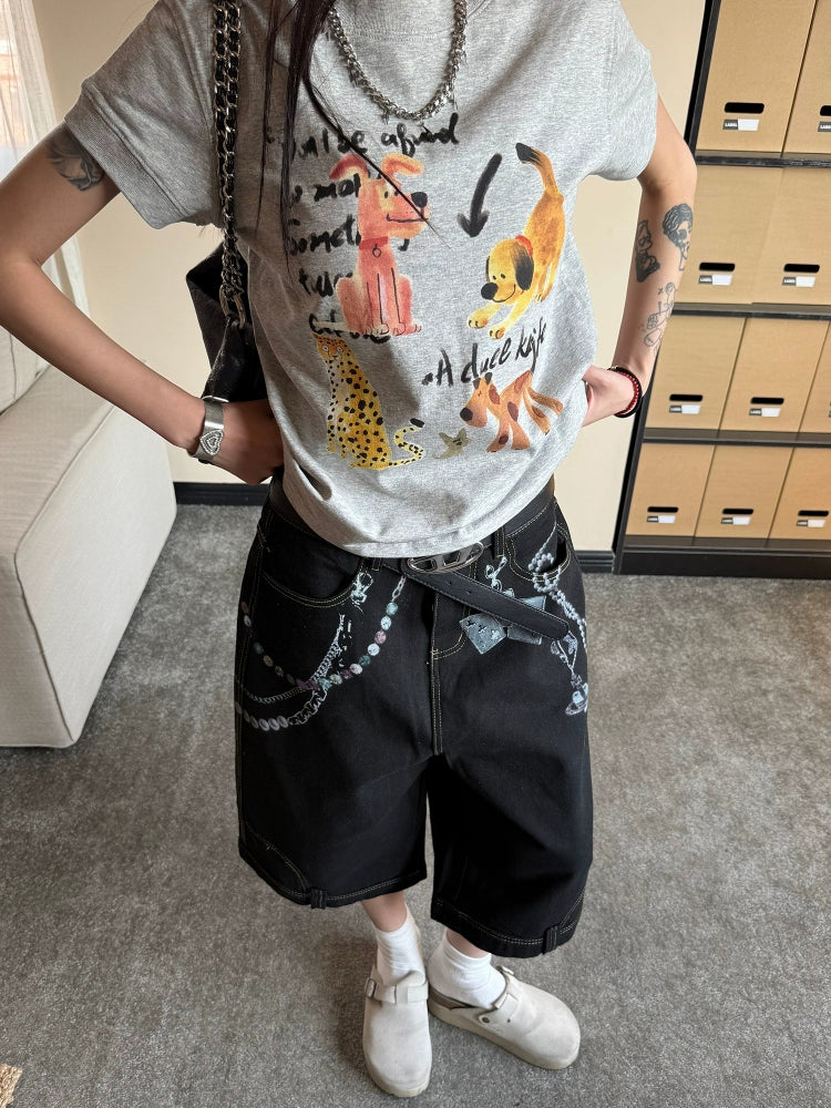 Pantaloni cropped in denim con stampa a catena 