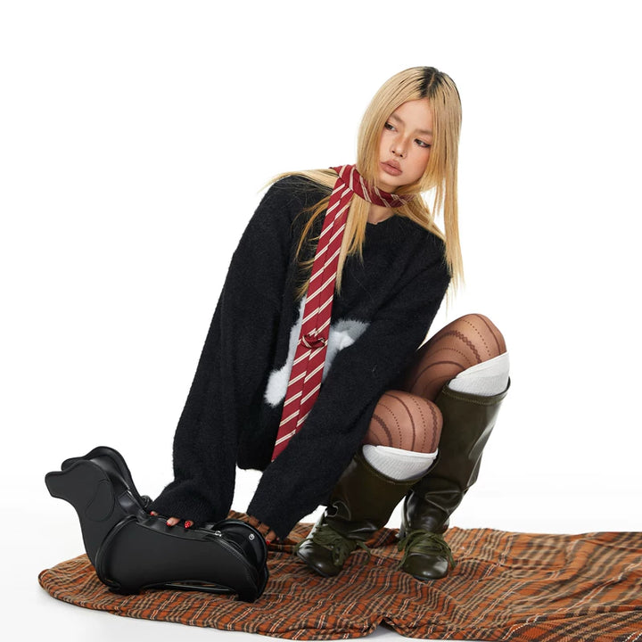 Puppy Print Loose Crew Neck Sweater