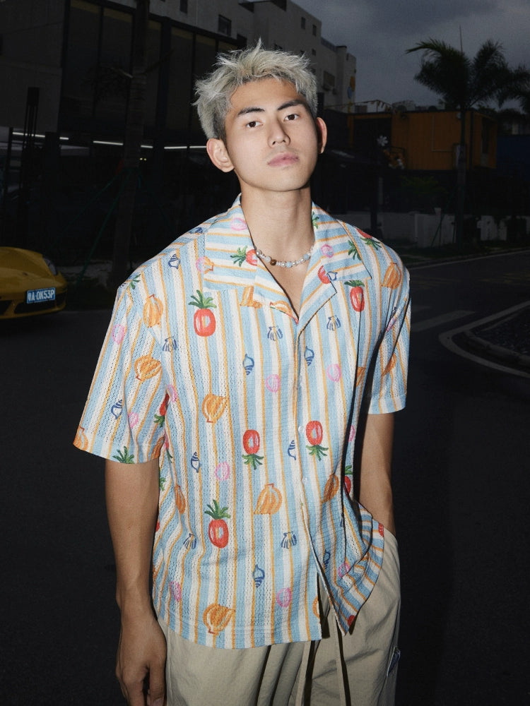 Hawaiian Fruit Print Striped Short-Sleeve Shirt