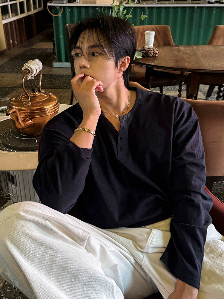 Cotton Long Sleeve Henley Shirt