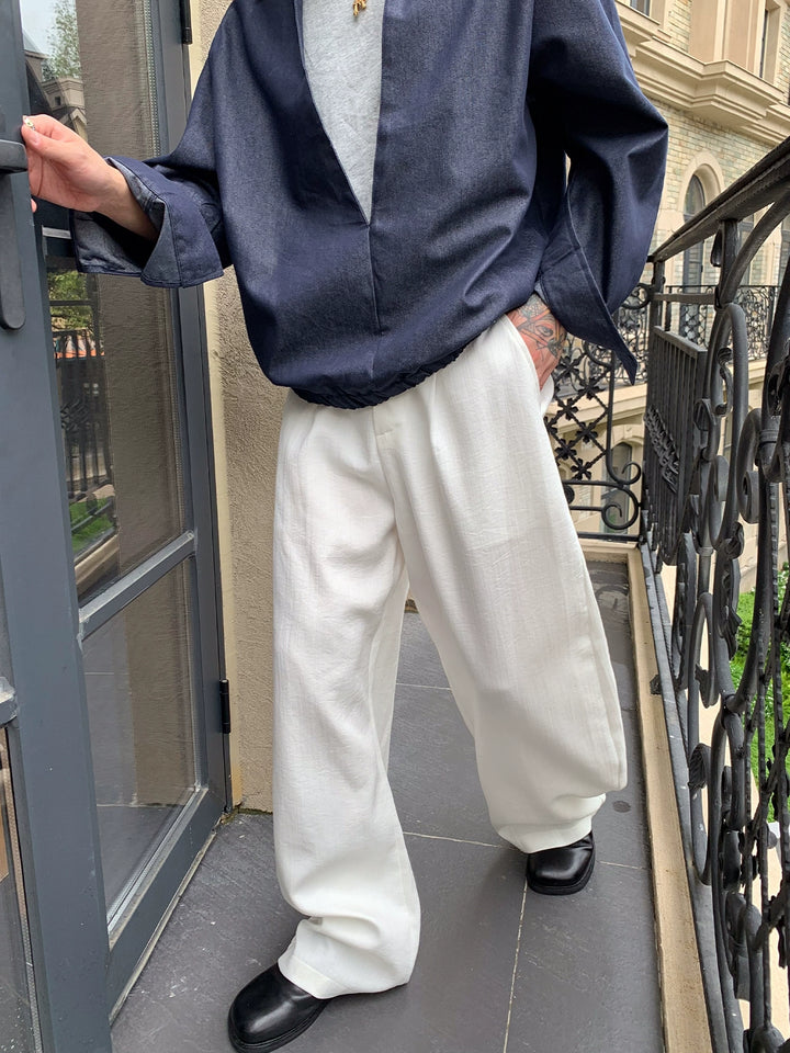 White Linen Straight-Leg Trousers