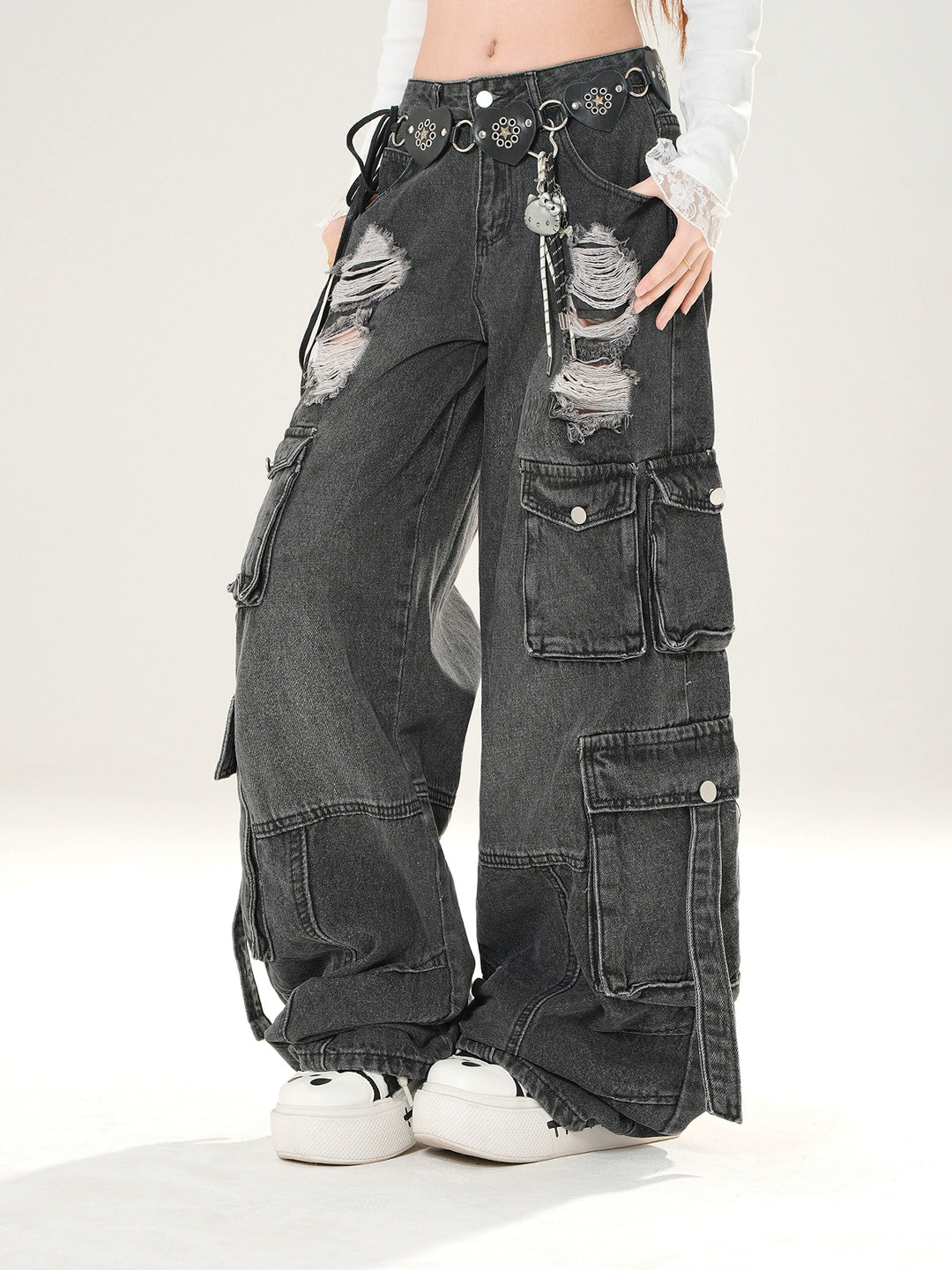 Wide Leg Ripped Cargo Denim Pants