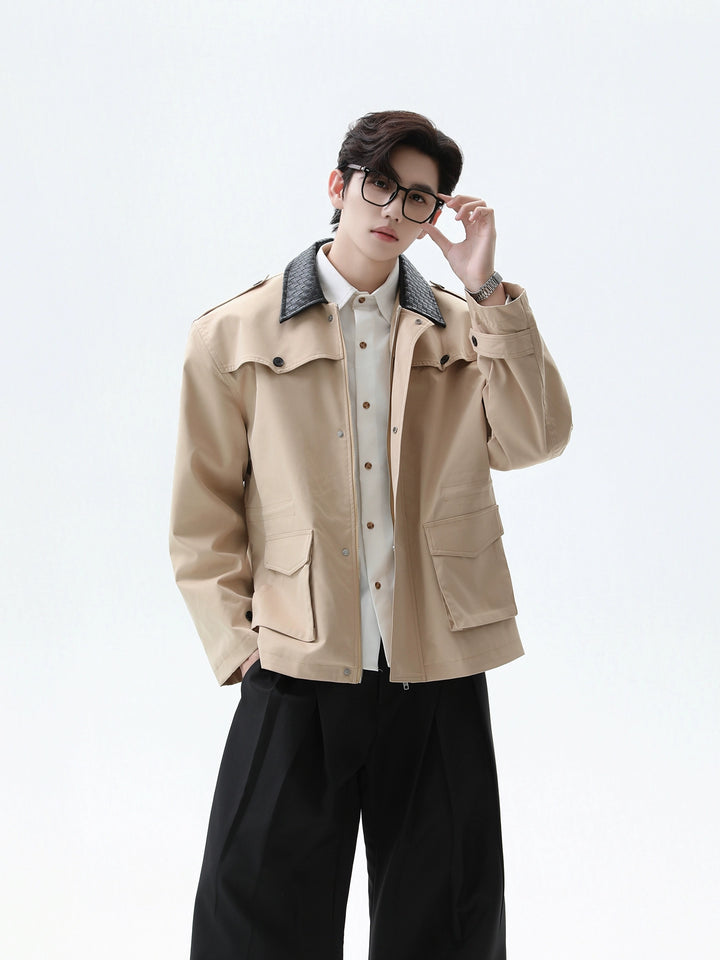 Woven PU Collar Workwear Style Jacket