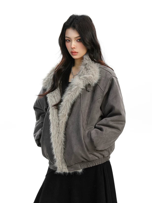 Fleece Collar Faux Suede Jacket