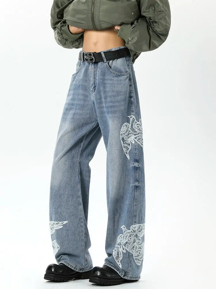 Lace Stitching Wide-Leg Jeans