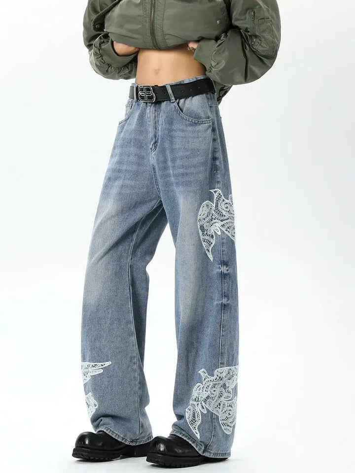 Lace Stitching Wide-Leg Jeans