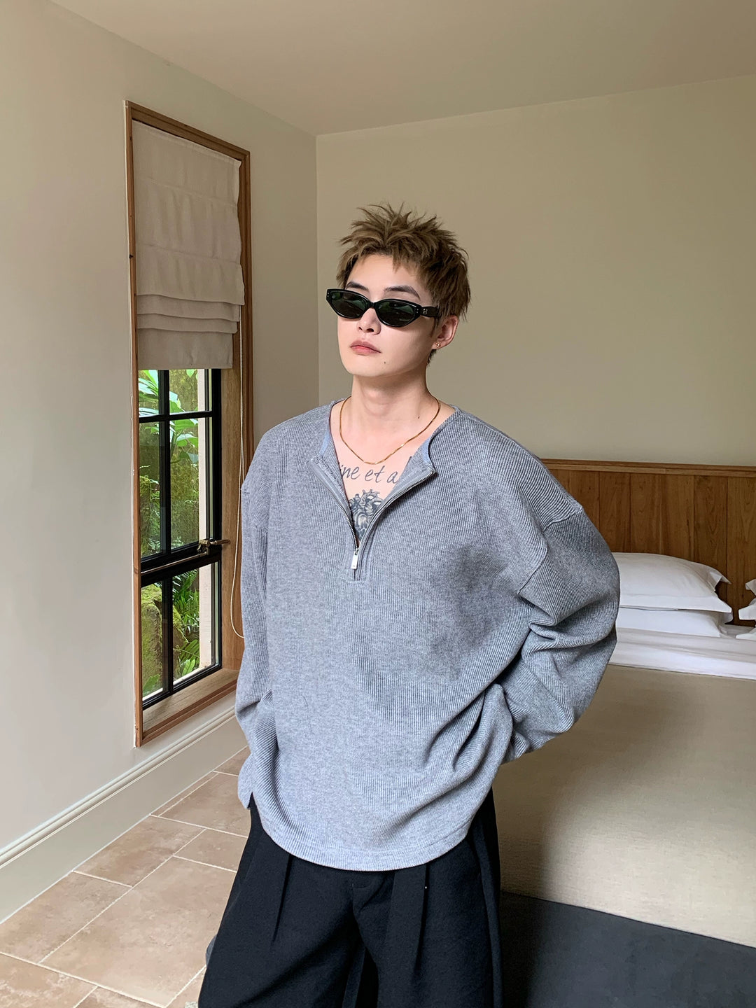 Half Zip Collarless Knit Pullover