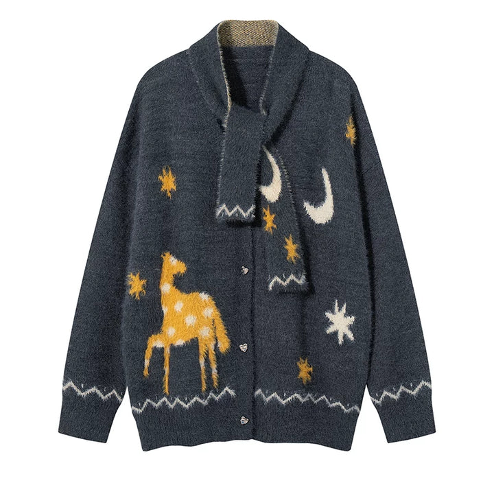 Cardigan en V brodé avec des rennes de Noël 