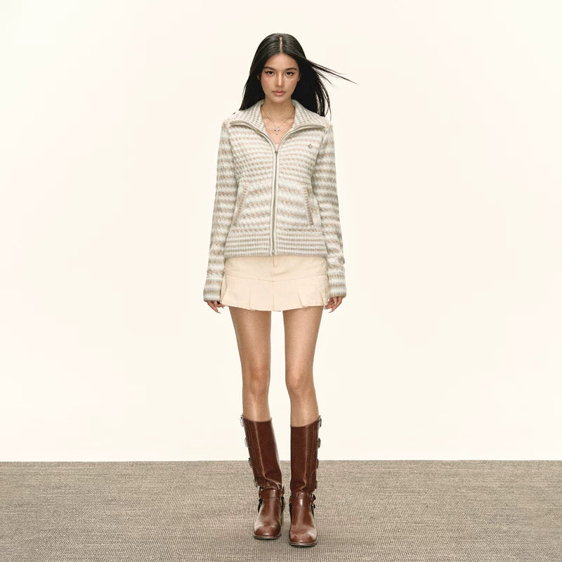 Kardigan z zamkiem i stójką w retro paski 