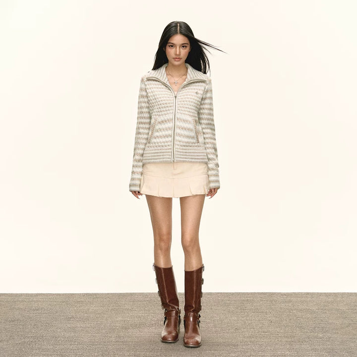 Kardigan z zamkiem i stójką w retro paski 