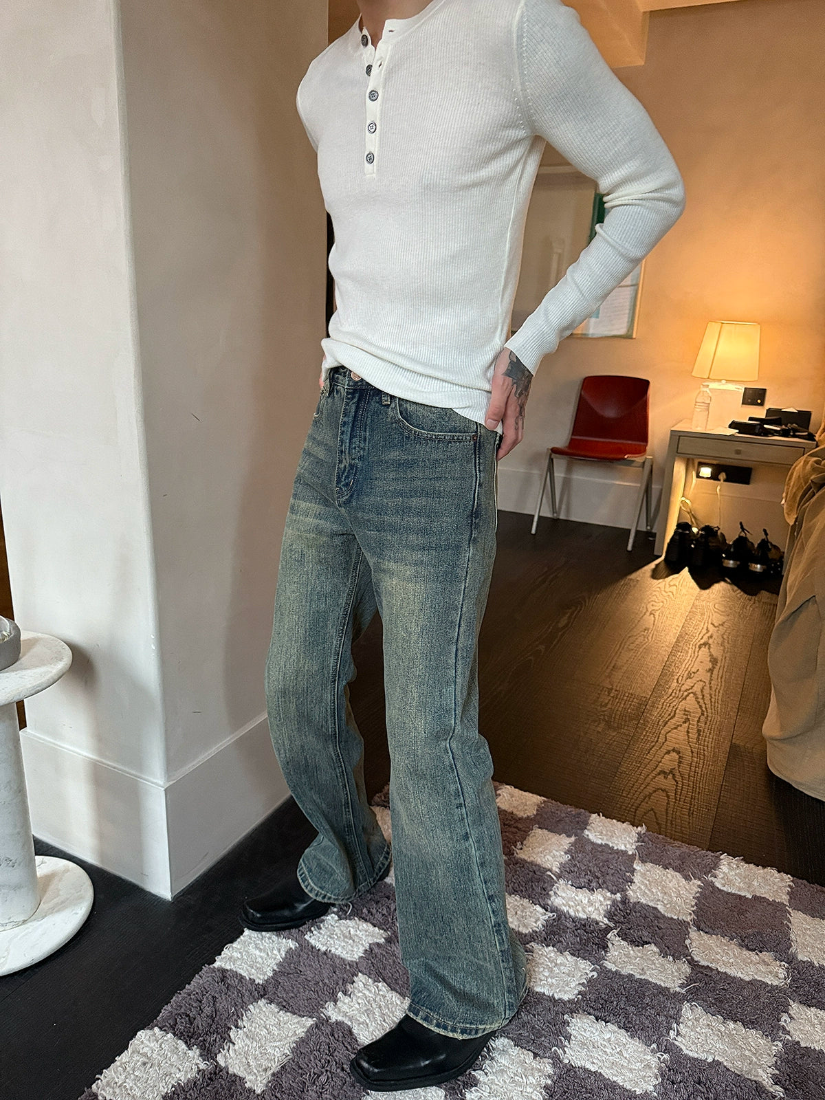 Calças Flare Slim Straight Desgastadas Retro 