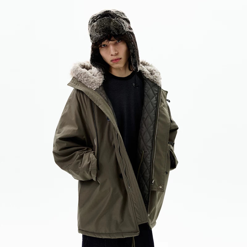 Japanse-stijl katoenen jas met capuchon en bont 