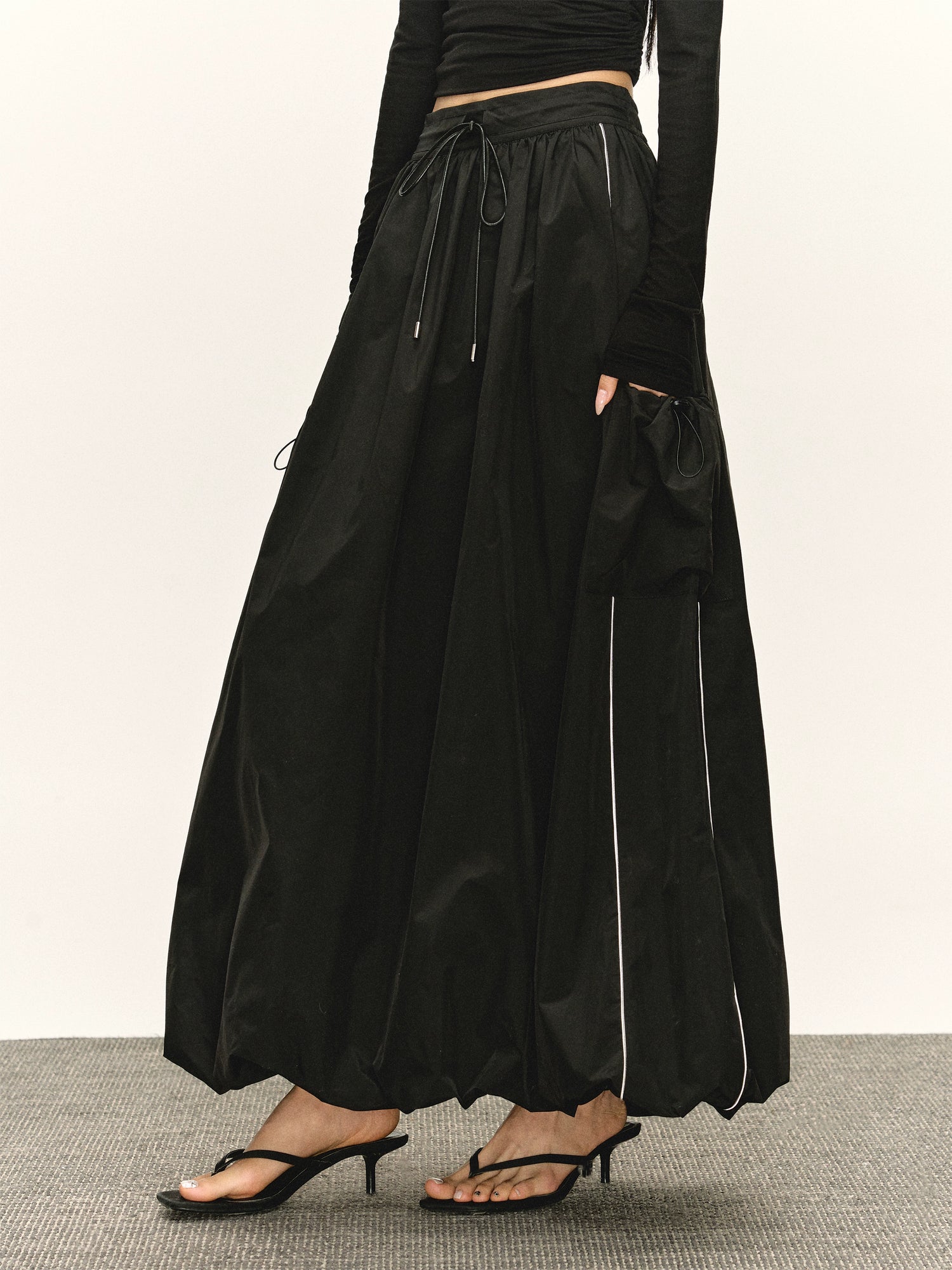 Retro Drawstring Maxi Skirt with Pockets