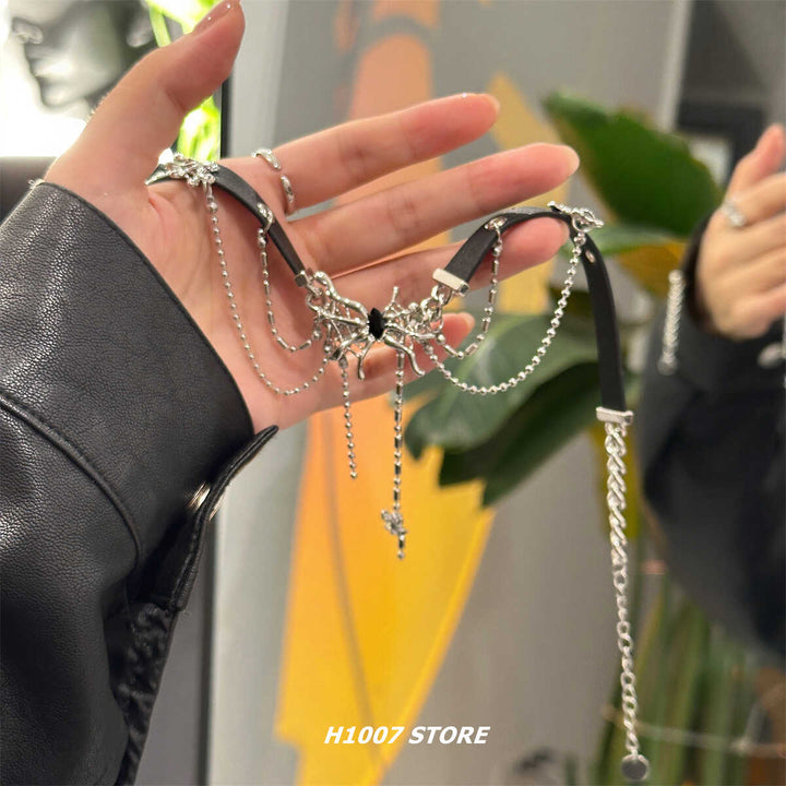 Spider Chain Leather Choker Necklace