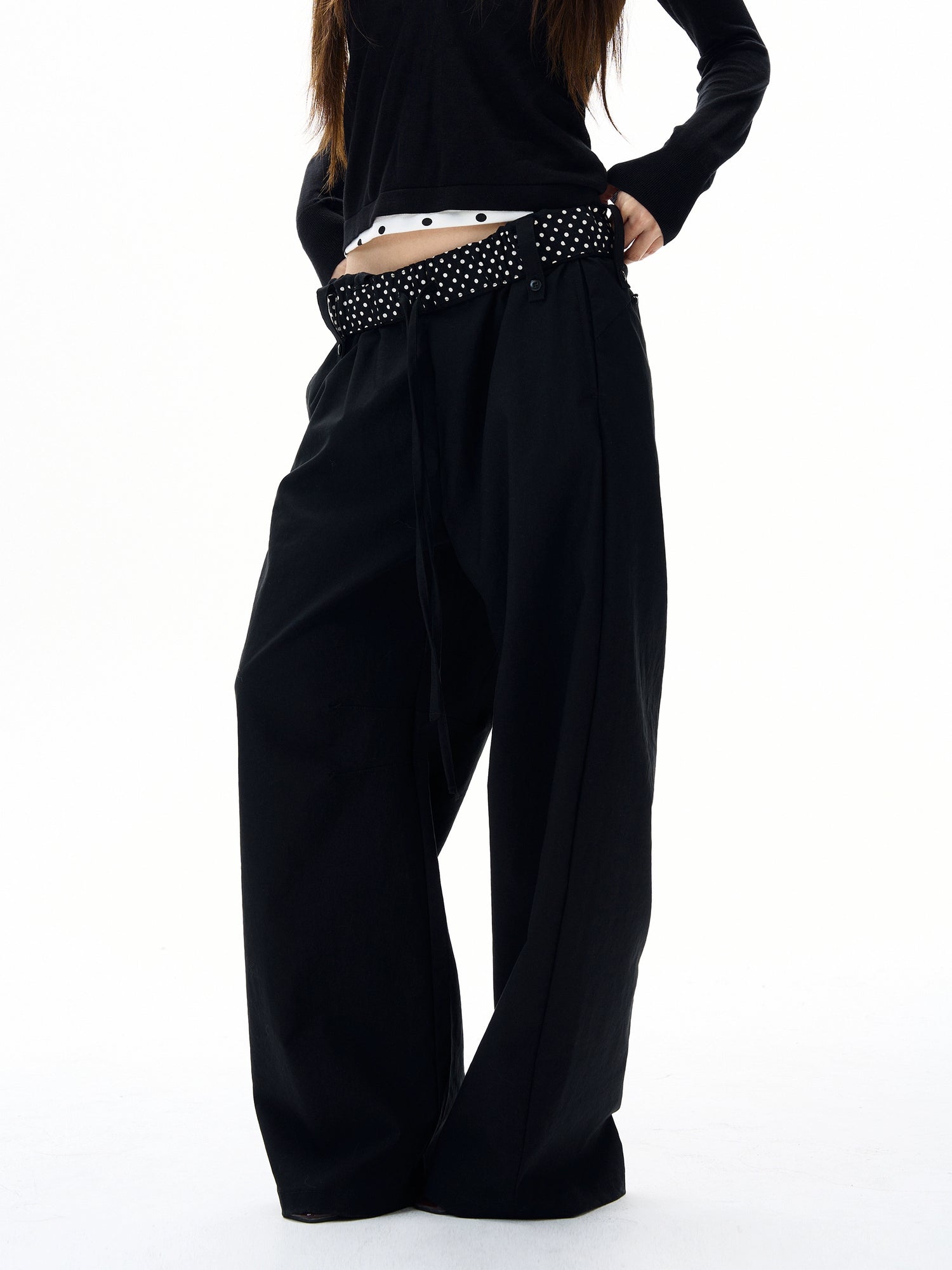 Puantiye Desenli Bel Bantlı Geniş Paça Pantolon 