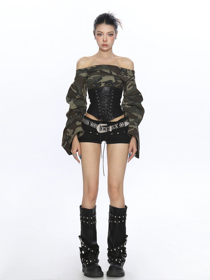 Off Shoulder Camouflage Waist Strap Top