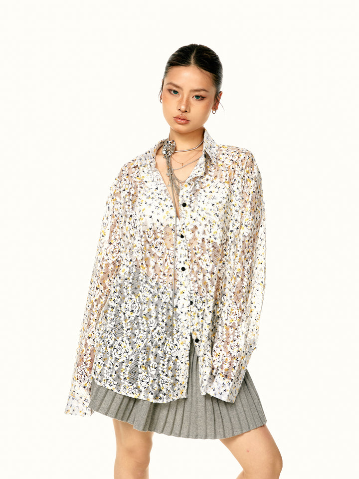 Floral Mesh Retro Pleated Shirt