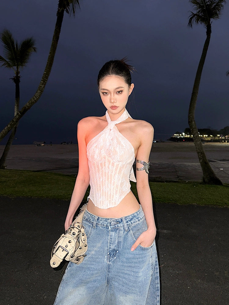 Blonder Halter Neck Fishbone Tank Top 