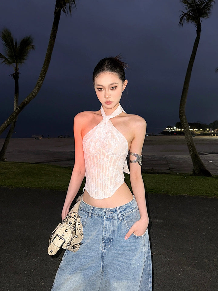 Blonder Halter Neck Fishbone Tank Top 
