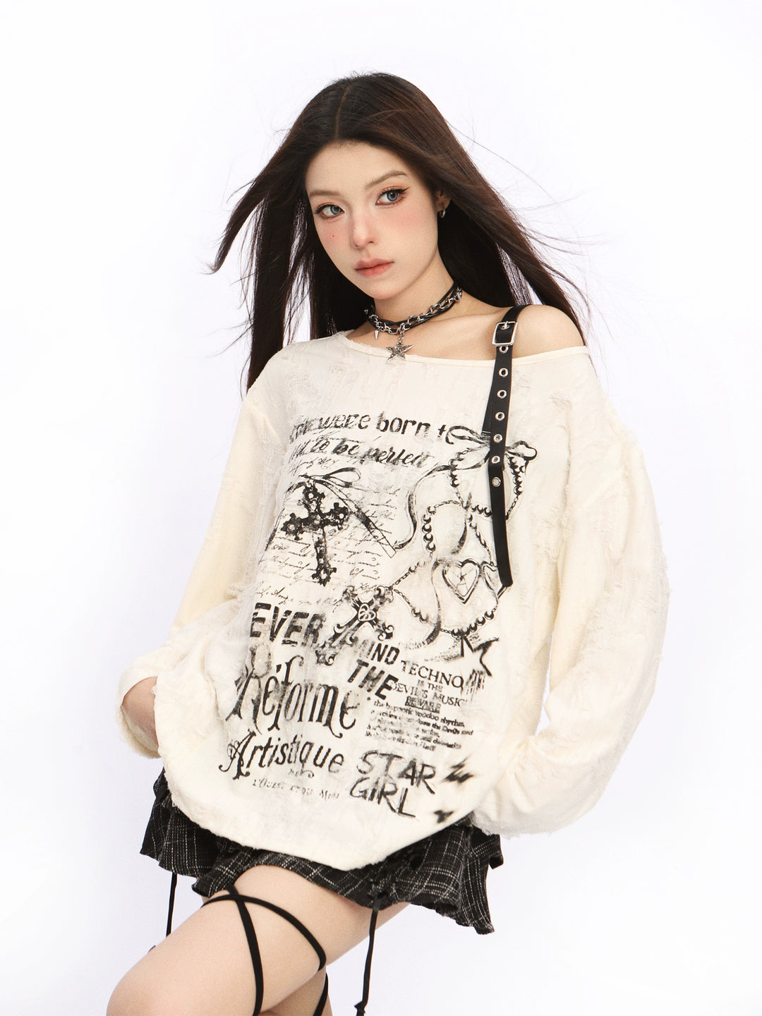 Off-Shoulder Grafisk Tryckad Turtleneck Topp 