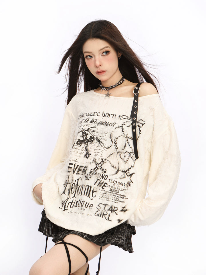 Off-Shoulder Grafisk Tryckad Turtleneck Topp 