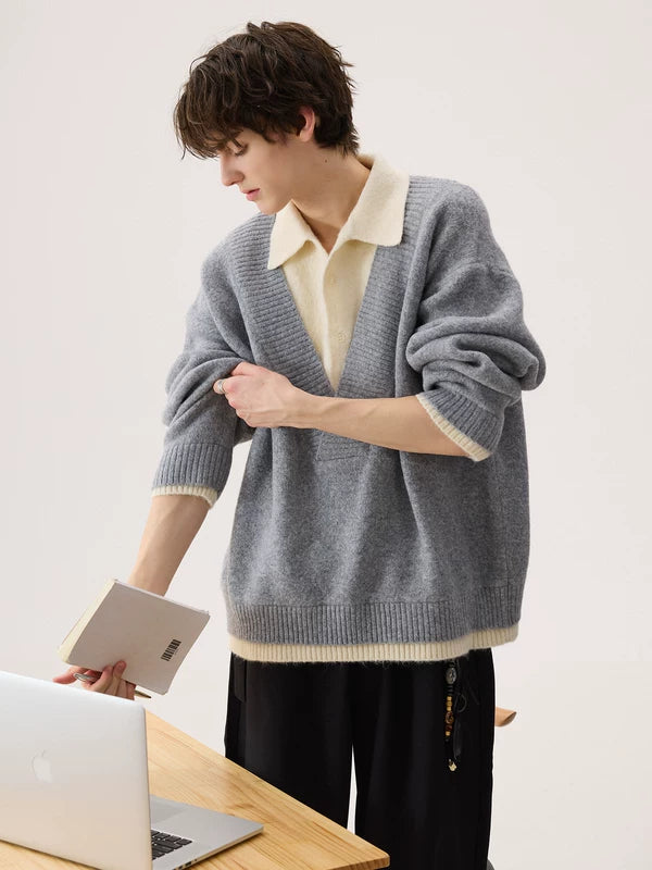 Winter Fleece V-Neck Knit Sweater