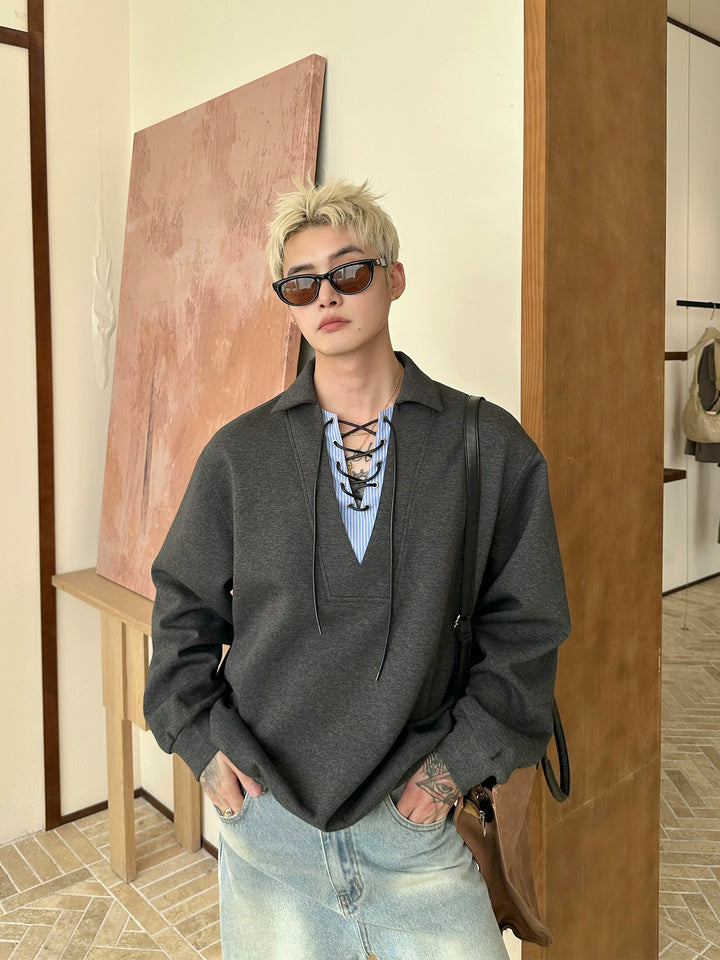 V-Neck Lace-Up Polo Pullover