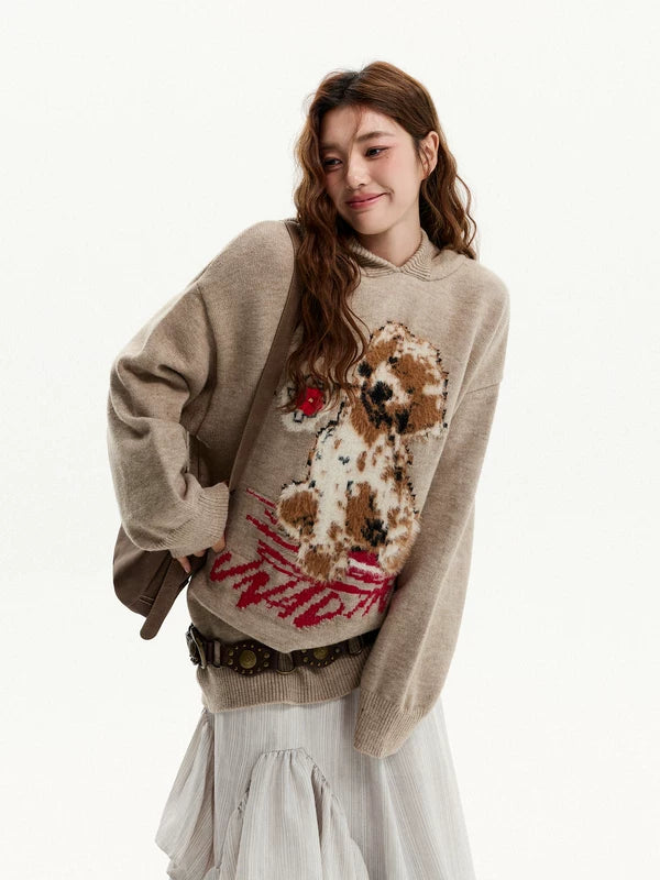 Maglione a maniche lunghe in jacquard grafico con cucciolo 