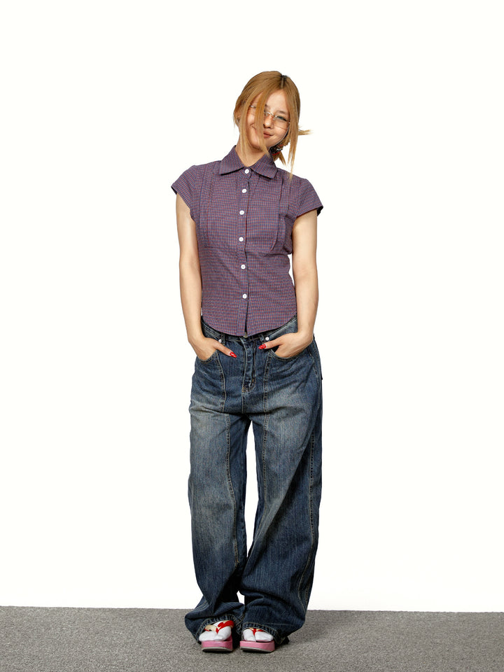 Chemise à manches courtes en carreaux avec boutons, crop 