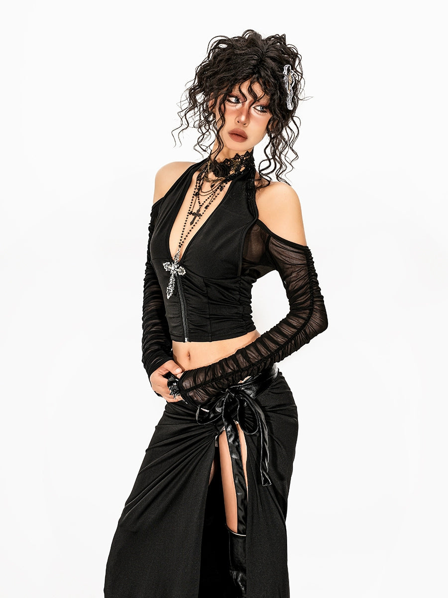 Off-Shoulder Mesh Halter Crop Top