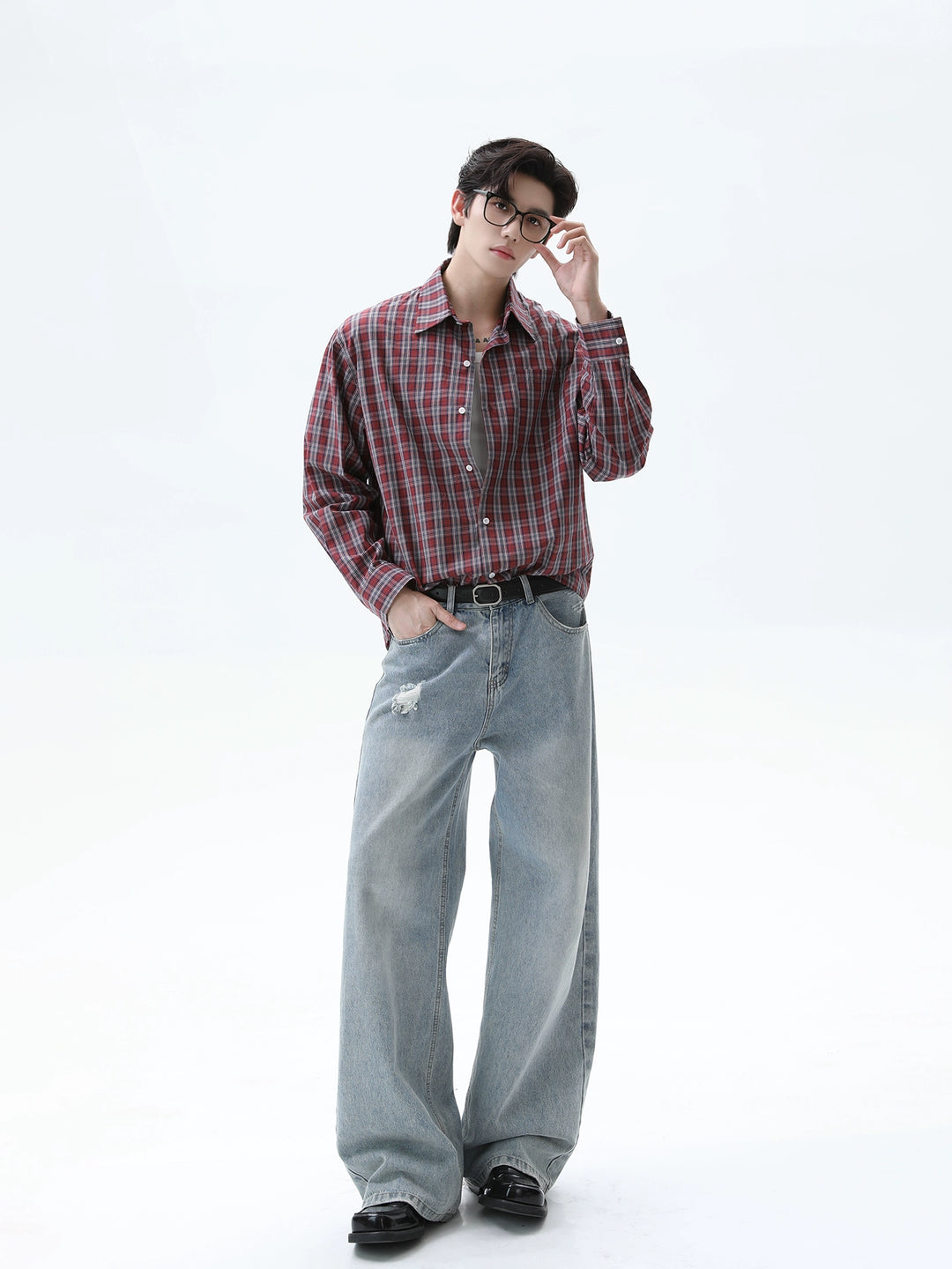 Chemise à manches longues en plaid à coupe décontractée 