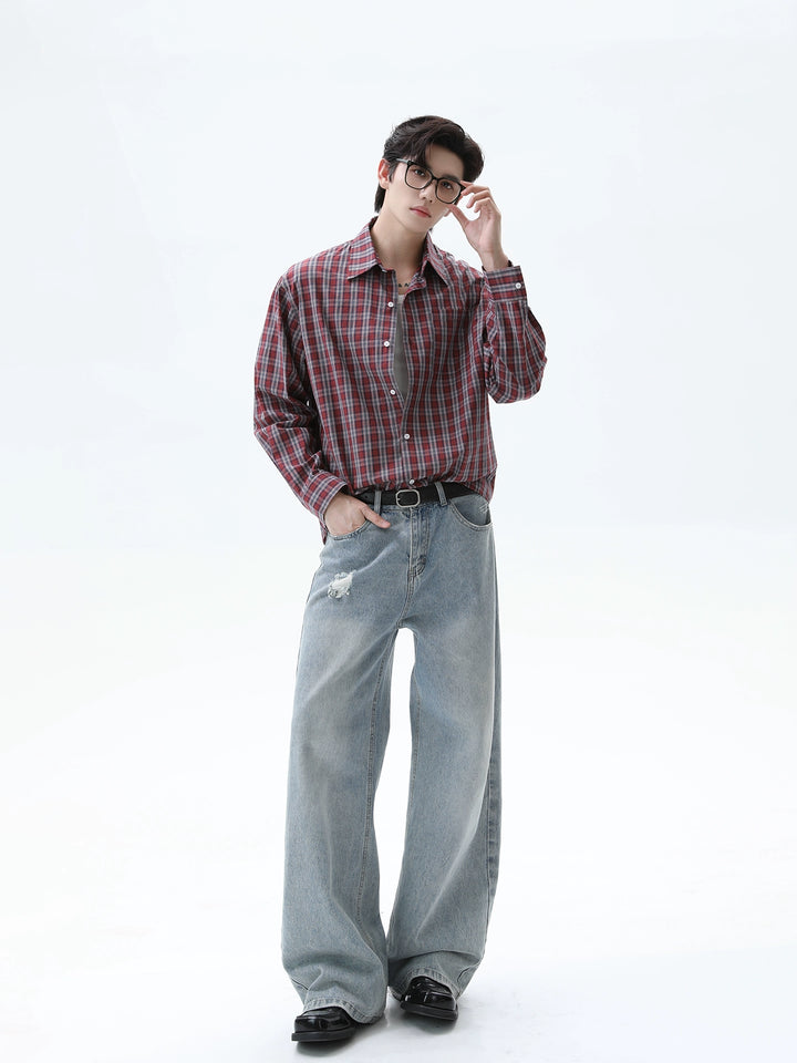 Chemise à manches longues en plaid à coupe décontractée 