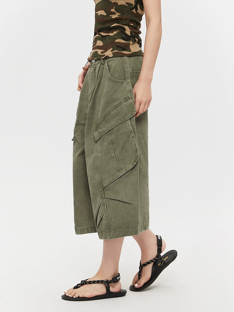 Wide-Leg Cropped Workwear Cargo Pants
