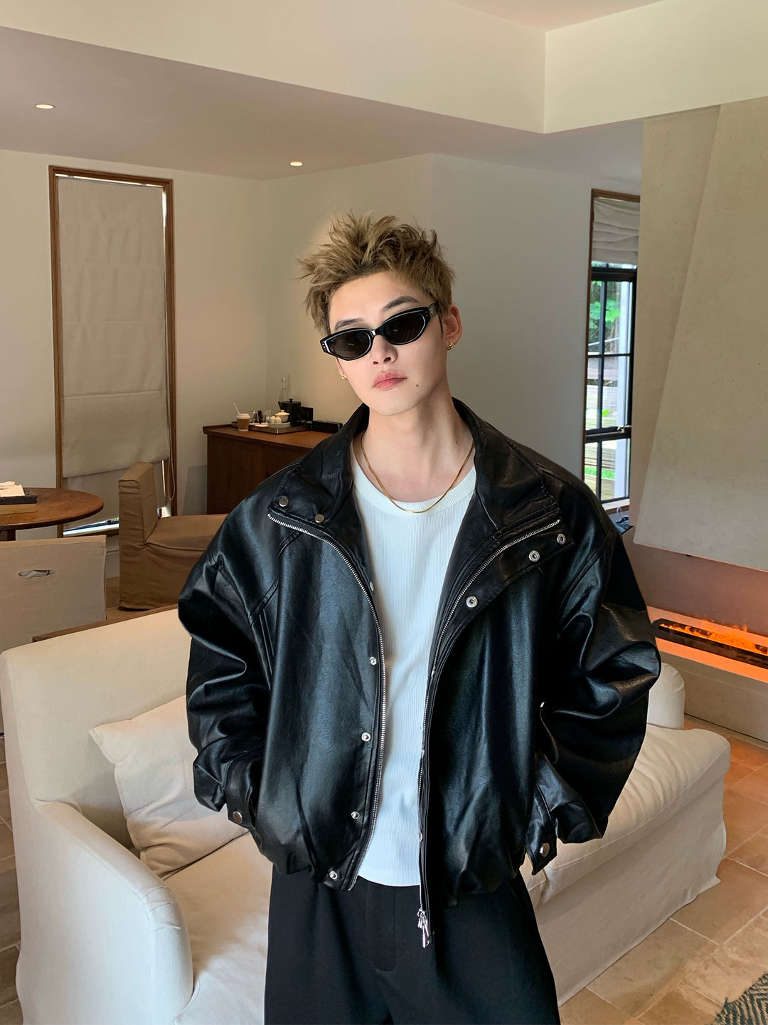 Veste de moto en cuir PU avec col montant 