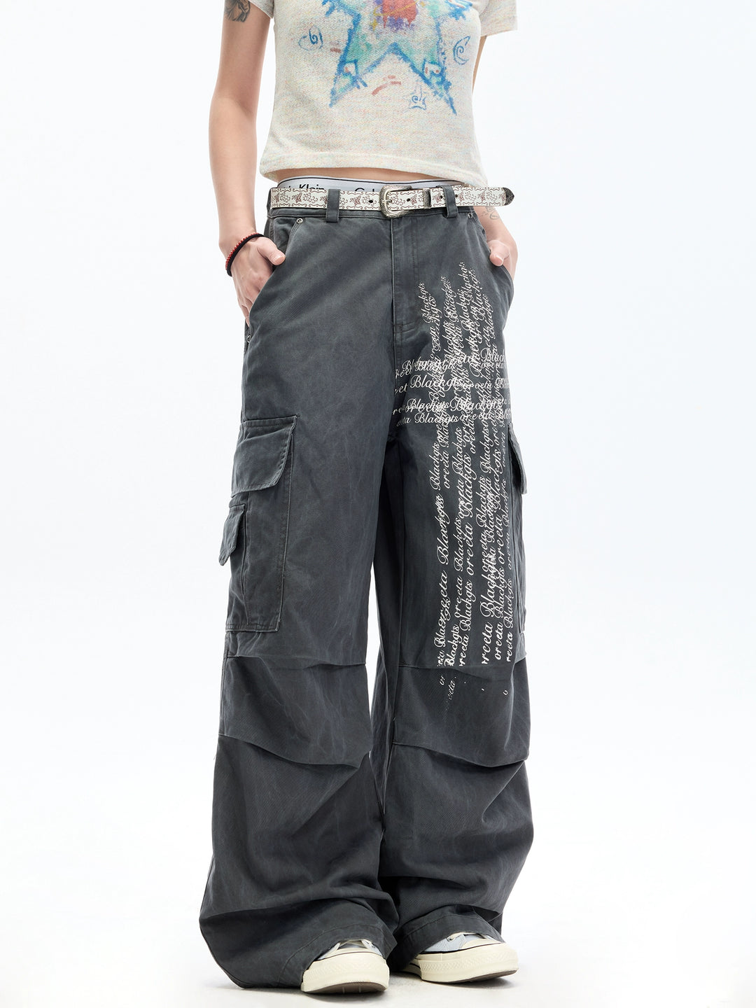 Letter Print Washed Cargo Pants