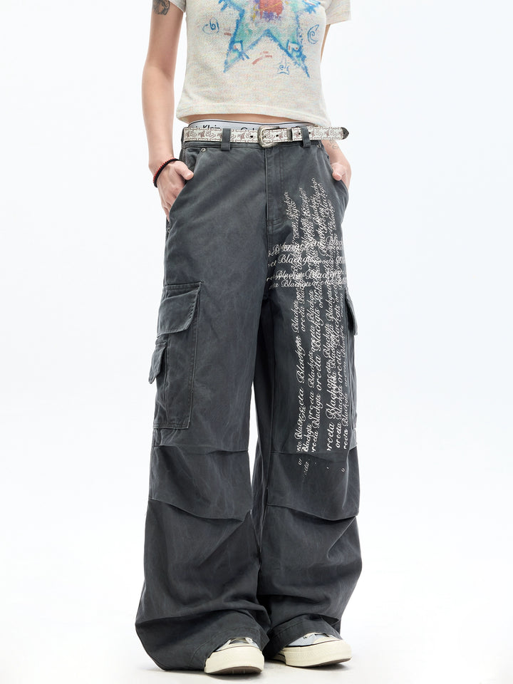 Letter Print Washed Cargo Pants