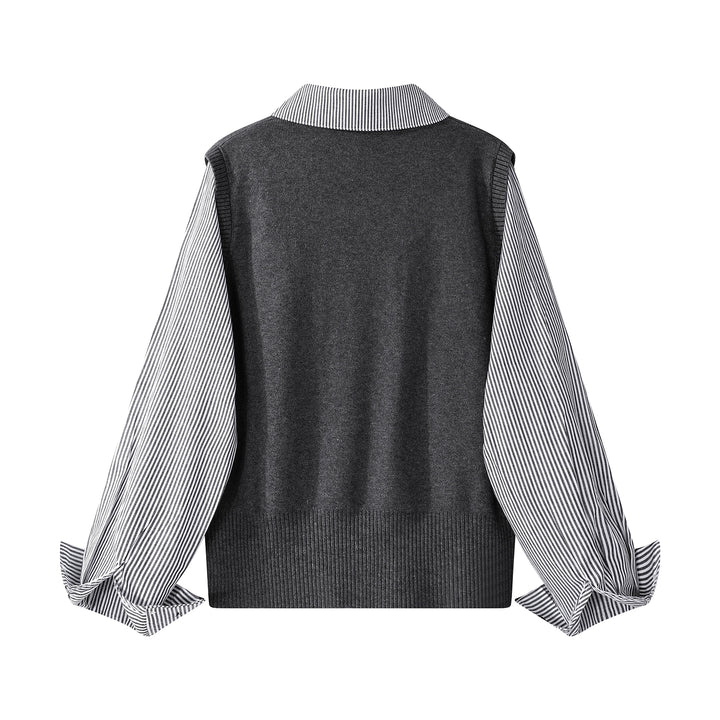 Patchwork Knit Shirt Collared Sweater