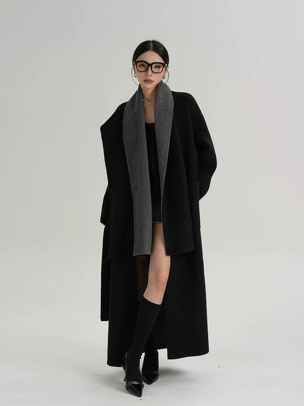 Çift Taraflı Uzun Yün Sarma Palto 