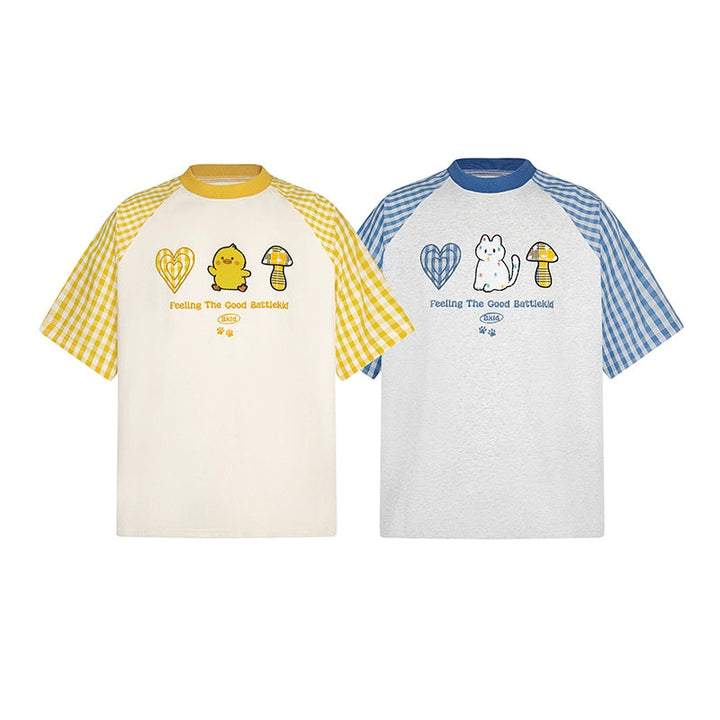 Rutig Ærme Raglan Tegneserie Grafik T-shirt 
