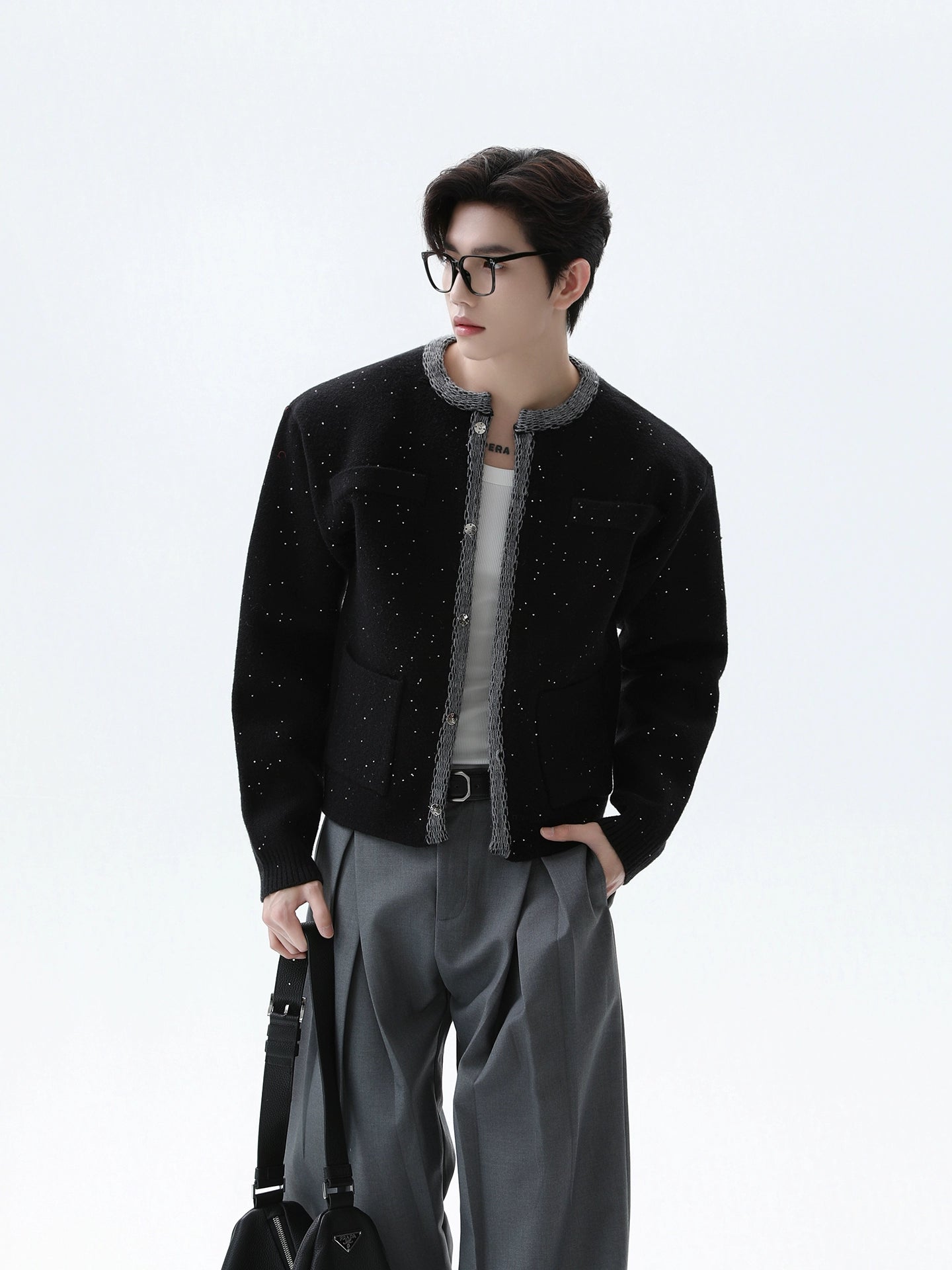 Tek Düğmeli Örgü Dokulu Cep Ceket 