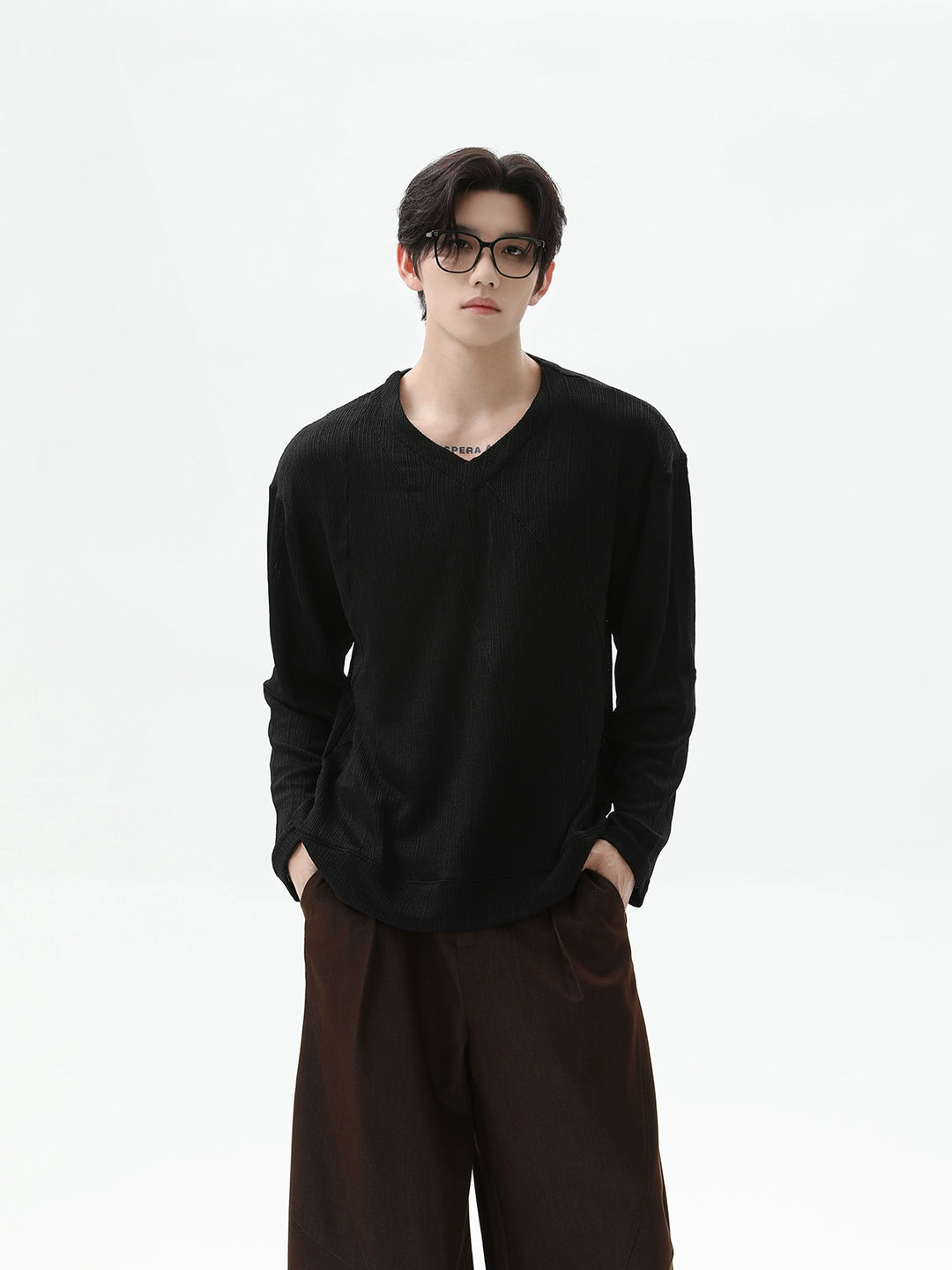 V-Neck Textured Knit Loose Pullover