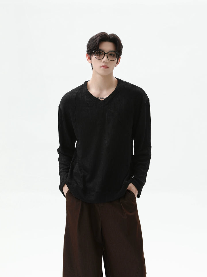V-Neck Textured Knit Loose Pullover