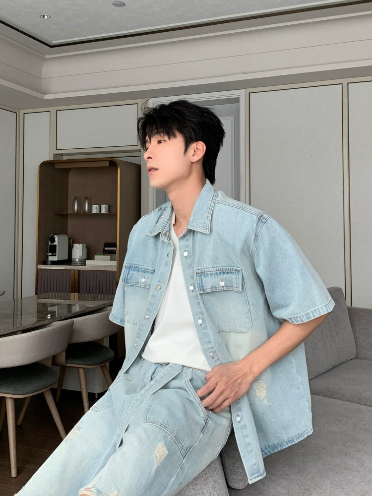 Denim Kurzarmhemd und Hosen Set 