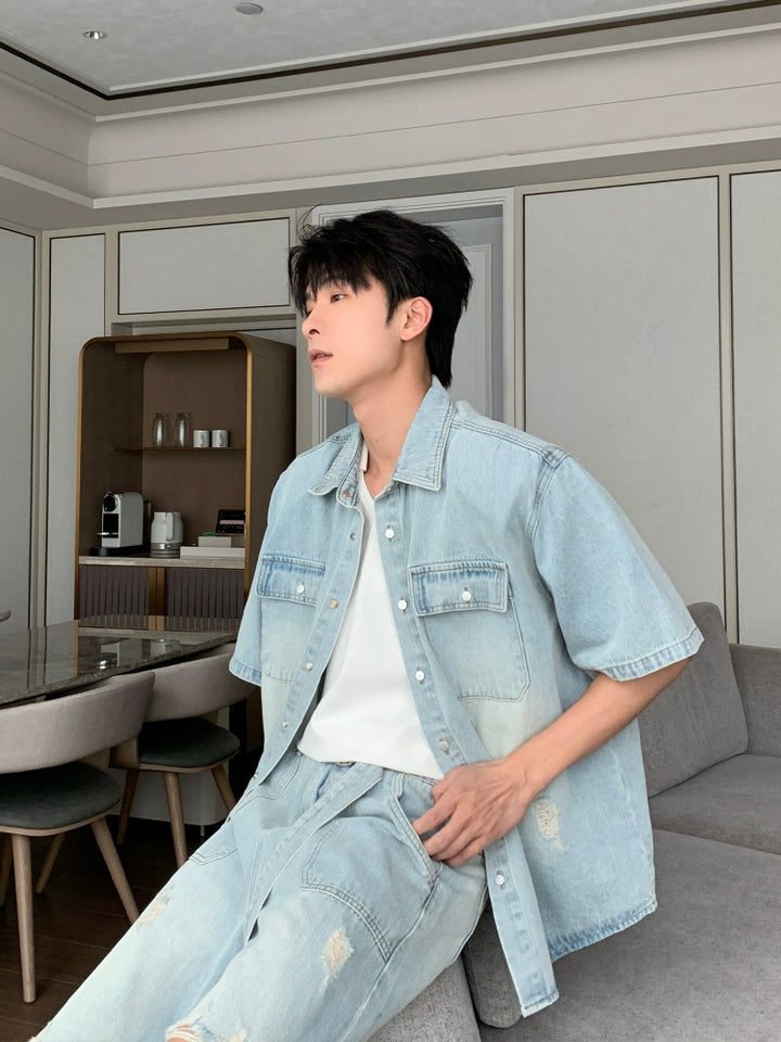 Denim Kurzarmhemd und Hosen Set 