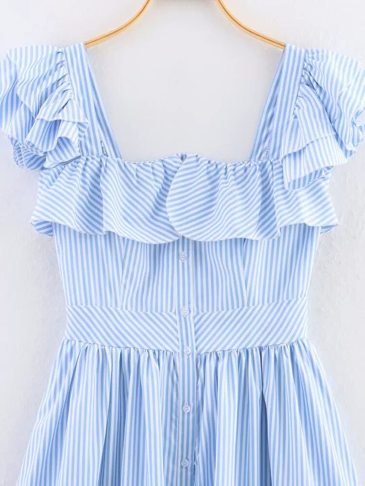 Vestido de verão listrado com babados e botão único 