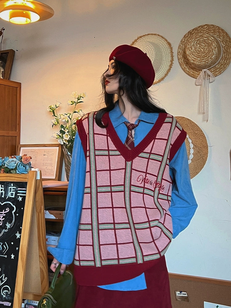 Ekose V-yaka Retro Örgü Süveter Yelek 