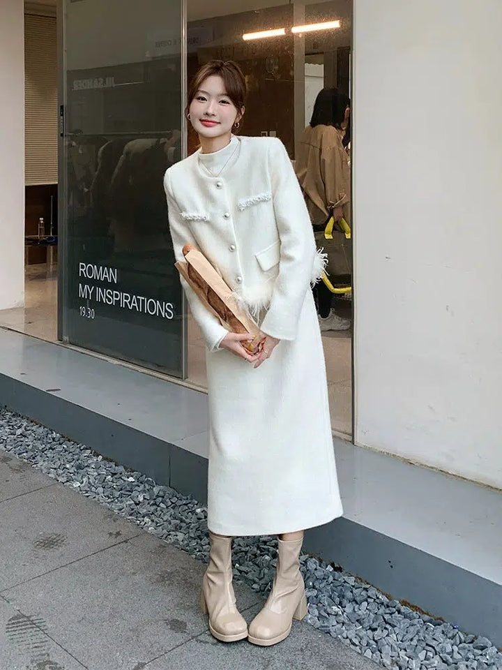 Winter Feather Accent Skirt Suit Set